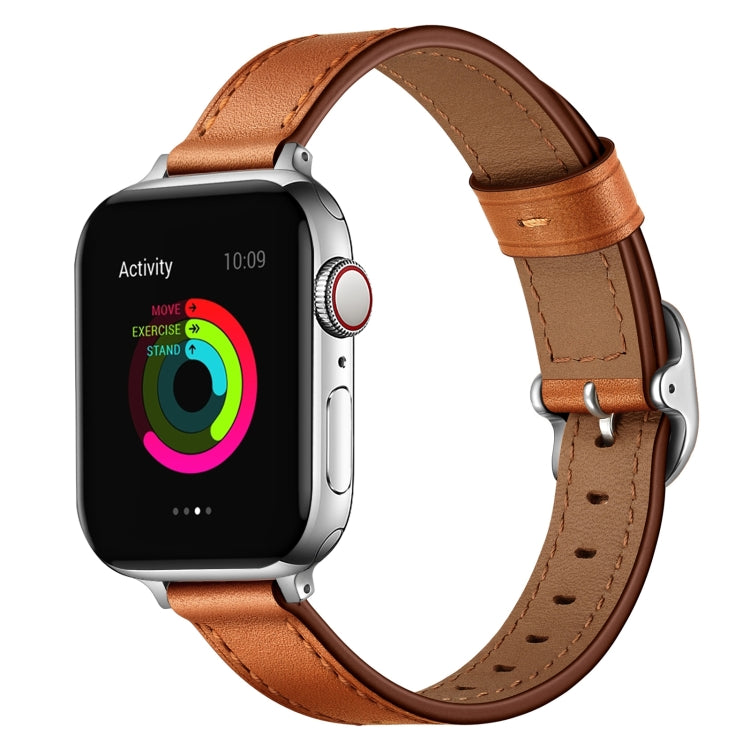 14mm Leather Watch Band For Apple Watch Series 9&8&7 41mm / SE 3&SE 2&6&SE&5&4 40mm / 3&2&1 38mm(Semi Oil Brown Silver Buckle) by bashfashion