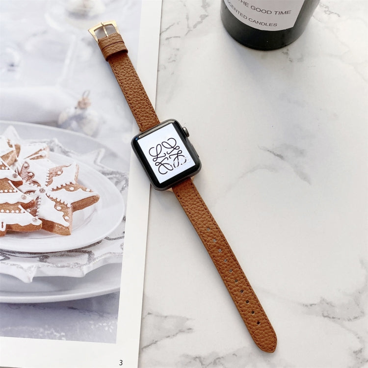 Litchi Texture Slimming Strap Watch Band For Apple Watch Ultra 49mm&Watch Ultra 2 49mm / Series 9&8&7 45mm / SE 3&SE 2&6&SE&5&4 44mm / 3&2&1 42mm(Brown) by bashfashion