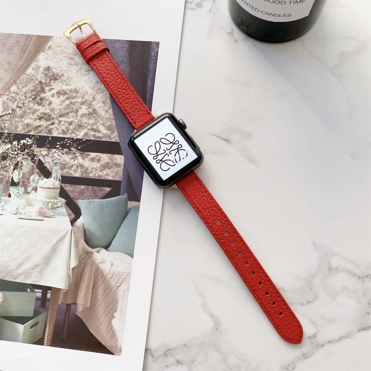 Litchi Texture Slimming Strap Watch Band For Apple Watch Ultra 49mm&Watch Ultra 2 49mm / Series 9&8&7 45mm / SE 3&SE 2&6&SE&5&4 44mm / 3&2&1 42mm(Red) by bashfashion