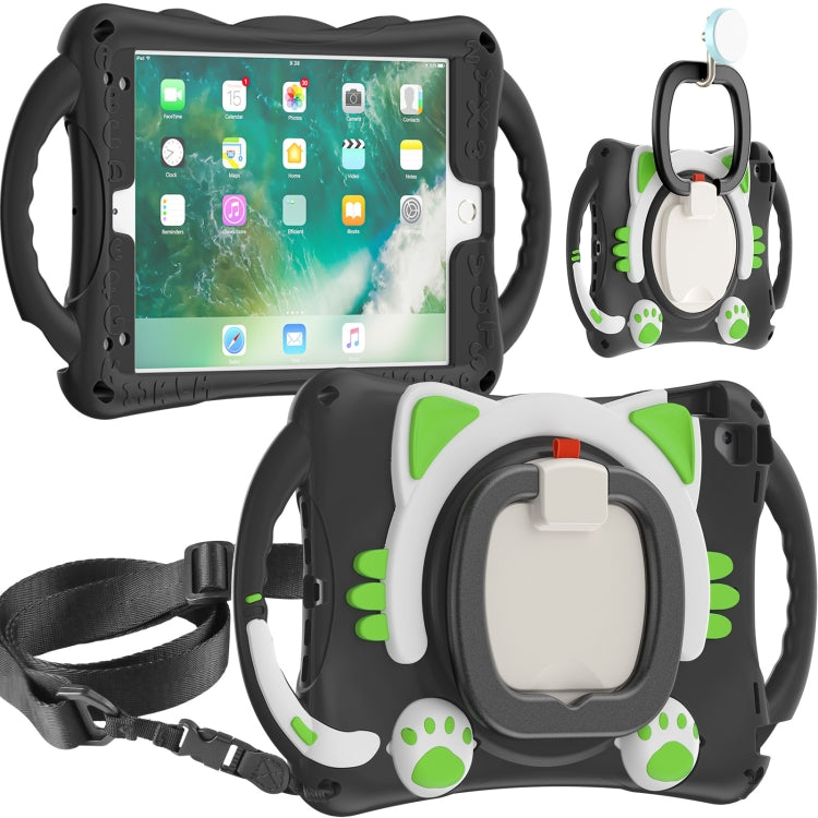 Cute Cat King Kids Shockproof Silicone Tablet Case with Holder & Shoulder Strap & Handle For iPad 9.7 2018 / 2017 / Air / Air 2 / Pro 9.7(Black Green) by bashfashion