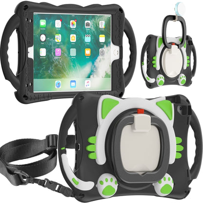 Cute Cat King Kids Shockproof Silicone Tablet Case with Holder & Shoulder Strap & Handle For iPad 9.7 2018 / 2017 / Air / Air 2 / Pro 9.7(Black Green) by bashfashion
