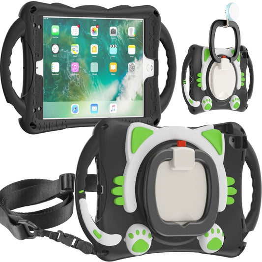 Cute Cat King Kids Shockproof Silicone Tablet Case with Holder & Shoulder Strap & Handle For iPad 9.7 2018 / 2017 / Air / Air 2 / Pro 9.7(Black Green) by bashfashion