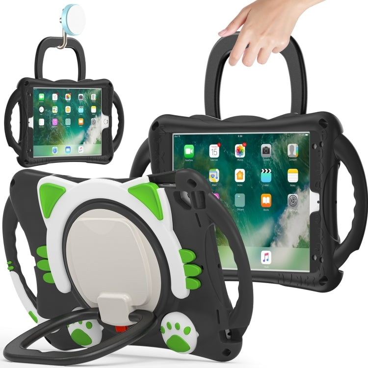 Cute Cat King Kids Shockproof Silicone Tablet Case with Holder & Shoulder Strap & Handle For iPad 9.7 2018 / 2017 / Air / Air 2 / Pro 9.7(Black Green) by bashfashion