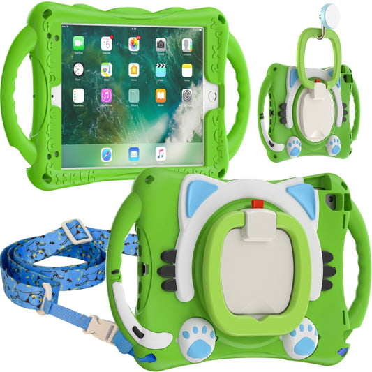 Cute Cat King Kids Shockproof Silicone Tablet Case with Holder & Shoulder Strap & Handle For iPad 9.7 2018 / 2017 / Air / Air 2 / Pro 9.7(Green) by bashfashion