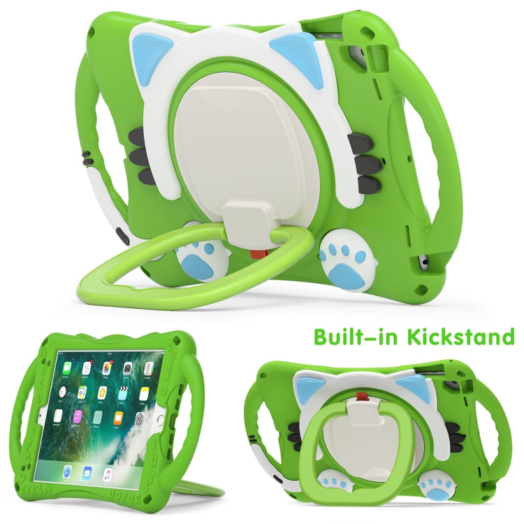 Cute Cat King Kids Shockproof Silicone Tablet Case with Holder & Shoulder Strap & Handle For iPad 9.7 2018 / 2017 / Air / Air 2 / Pro 9.7(Green) by bashfashion