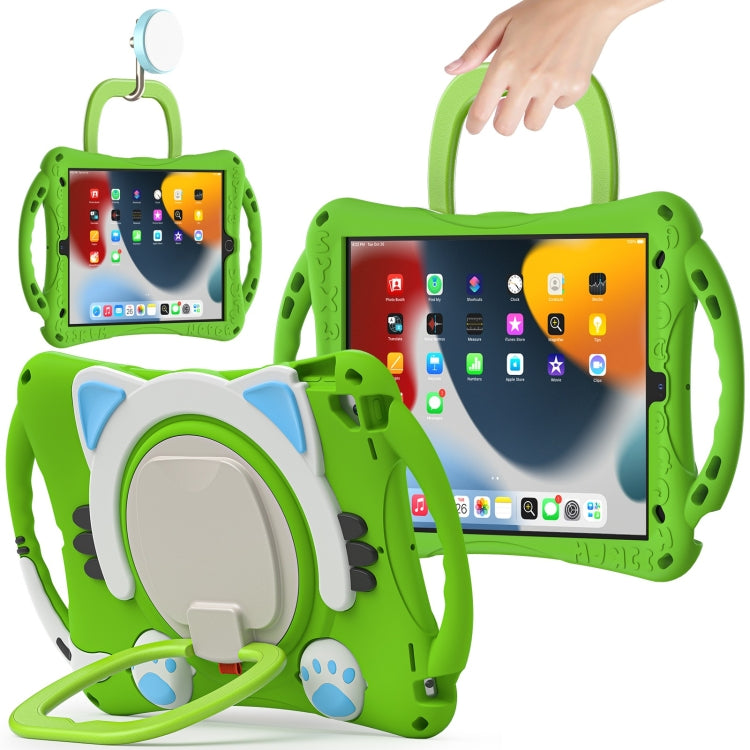 Cute Cat King Kids Shockproof Silicone Tablet Case with Holder & Shoulder Strap & Handle For iPad 10.2 2019 / 2020 / 2021 / Pro 10.5(Green) by bashfashion