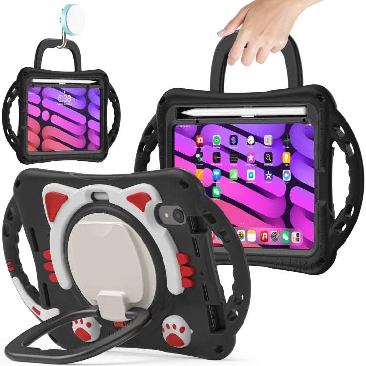 For iPad mini 6 / mini 2024 Cute Cat King Kids Shockproof Silicone Tablet Case with Holder & Shoulder Strap & Handle(Black Red) by bashfashion
