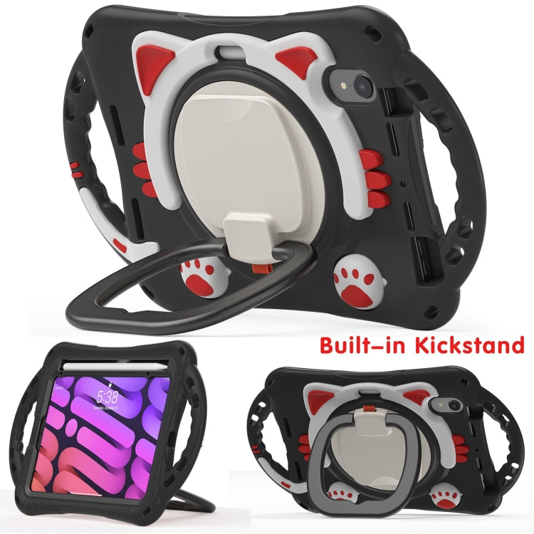 For iPad mini 6 / mini 2024 Cute Cat King Kids Shockproof Silicone Tablet Case with Holder & Shoulder Strap & Handle(Black Red) by bashfashion