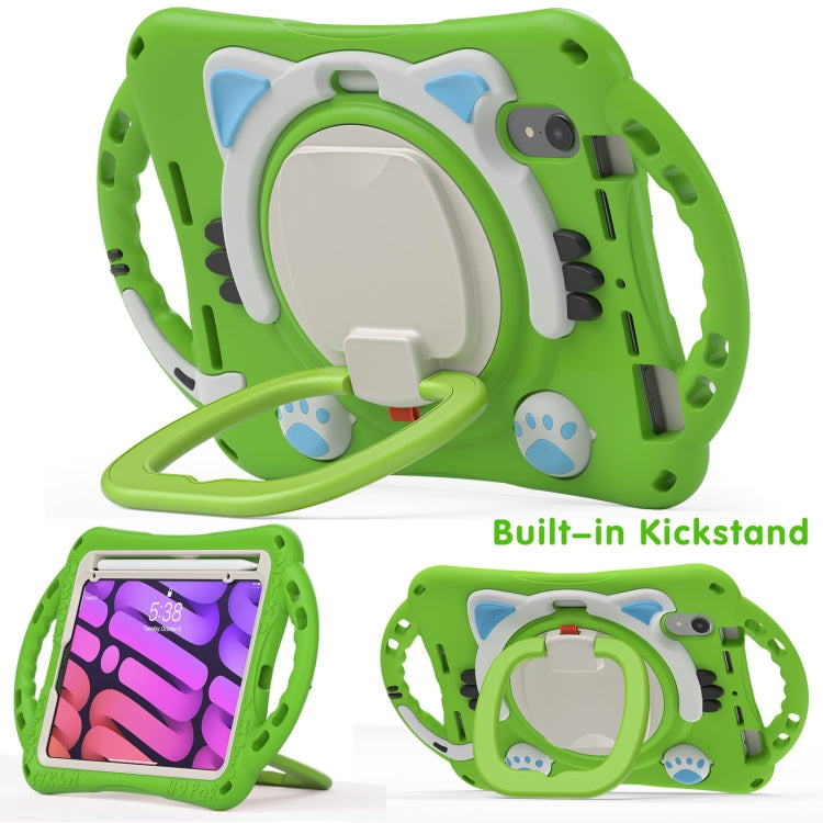 For iPad mini 6 / mini 2024 Cute Cat King Kids Shockproof Silicone Tablet Case with Holder & Shoulder Strap & Handle(Green) by bashfashion