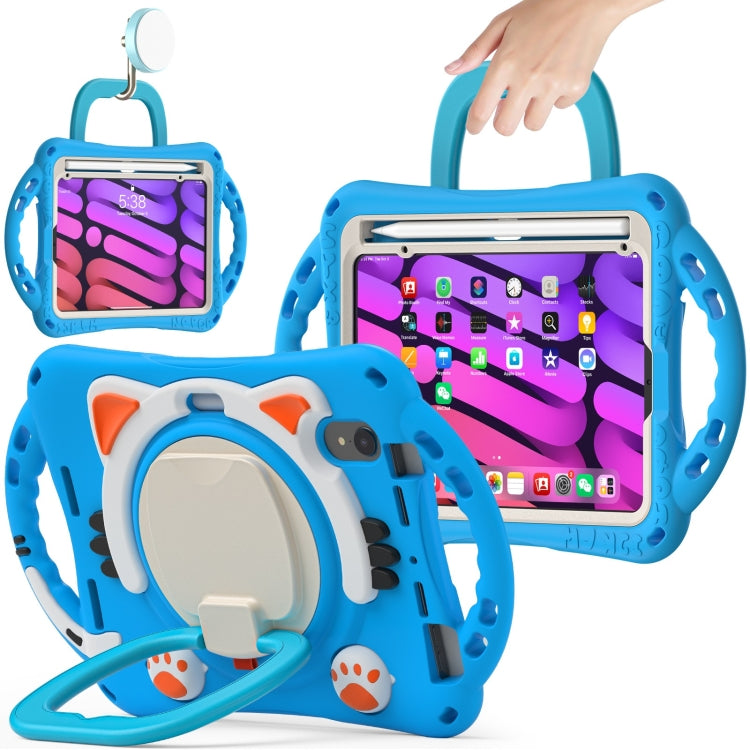 For iPad mini 6 / mini 2024 Cute Cat King Kids Shockproof Silicone Tablet Case with Holder & Shoulder Strap & Handle(Light Blue) by bashfashion