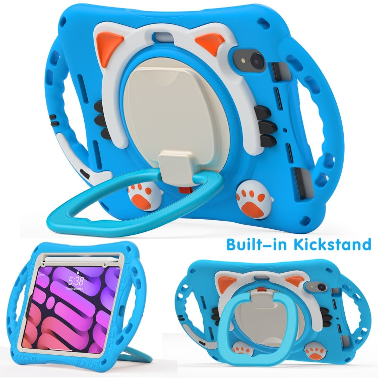 For iPad mini 6 / mini 2024 Cute Cat King Kids Shockproof Silicone Tablet Case with Holder & Shoulder Strap & Handle(Light Blue) by bashfashion