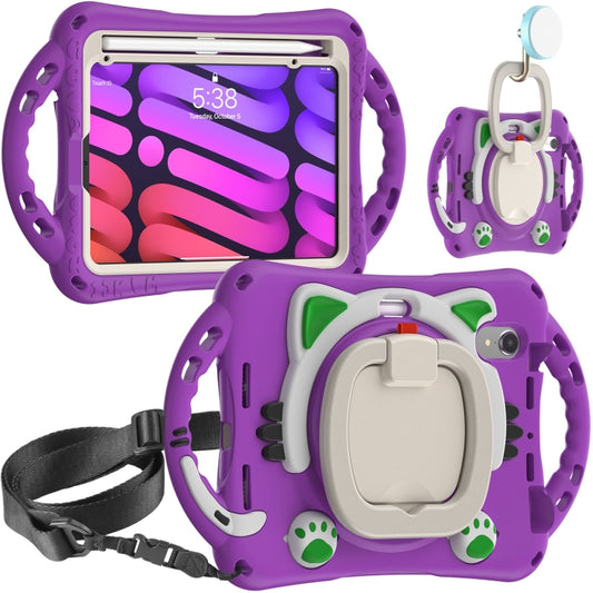 For iPad mini 6 / mini 2024 Cute Cat King Kids Shockproof Silicone Tablet Case with Holder & Shoulder Strap & Handle(Purple) by bashfashion