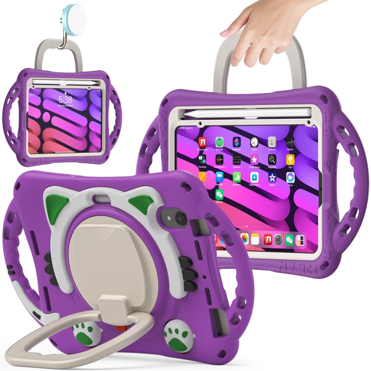 For iPad mini 6 / mini 2024 Cute Cat King Kids Shockproof Silicone Tablet Case with Holder & Shoulder Strap & Handle(Purple) by bashfashion
