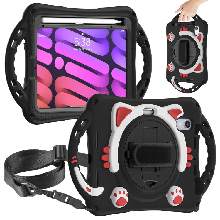 For iPad mini 6 / mini 2024 Cute Cat King Kids Shockproof Silicone Tablet Case with Holder & Shoulder Strap & Handle(Black Red) by bashfashion