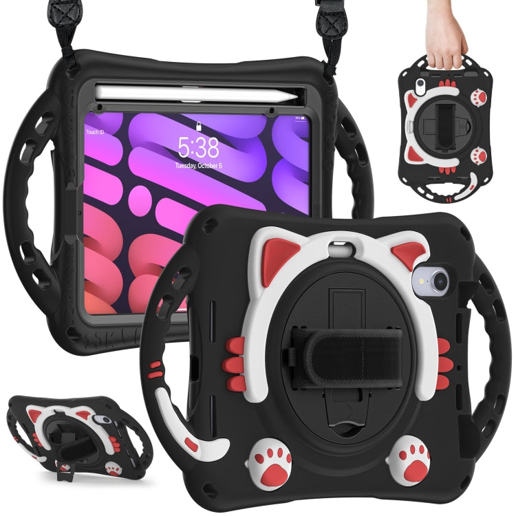 For iPad mini 6 / mini 2024 Cute Cat King Kids Shockproof Silicone Tablet Case with Holder & Shoulder Strap & Handle(Black Red) by bashfashion