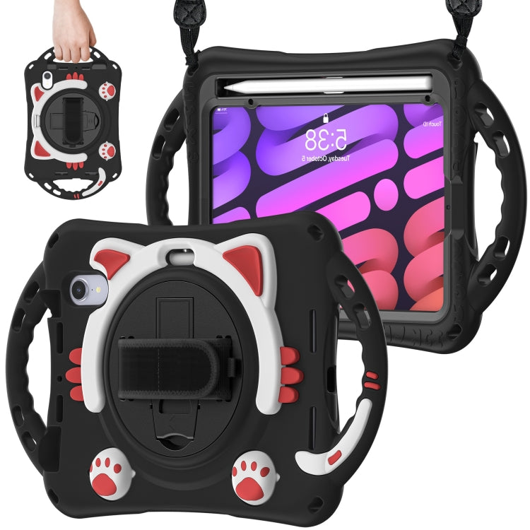 For iPad mini 6 / mini 2024 Cute Cat King Kids Shockproof Silicone Tablet Case with Holder & Shoulder Strap & Handle(Black Red) by bashfashion