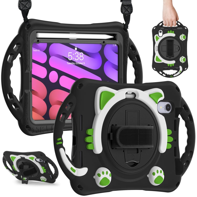 For iPad mini 6 / mini 2024 Cute Cat King Kids Shockproof Silicone Tablet Case with Holder & Shoulder Strap & Handle(Black Green) by bashfashion