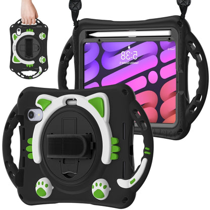 For iPad mini 6 / mini 2024 Cute Cat King Kids Shockproof Silicone Tablet Case with Holder & Shoulder Strap & Handle(Black Green) by bashfashion