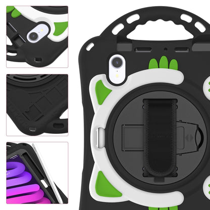 For iPad mini 6 / mini 2024 Cute Cat King Kids Shockproof Silicone Tablet Case with Holder & Shoulder Strap & Handle(Black Green) by bashfashion
