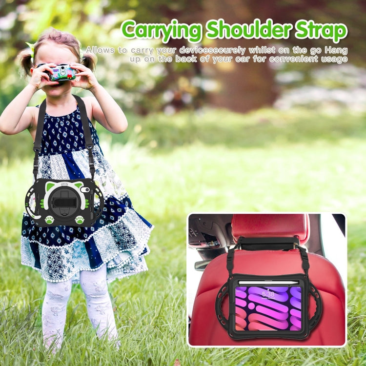 For iPad mini 6 / mini 2024 Cute Cat King Kids Shockproof Silicone Tablet Case with Holder & Shoulder Strap & Handle(Black Green) by bashfashion