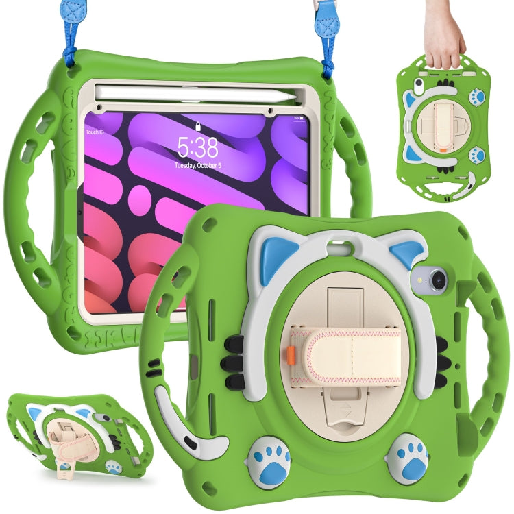 For iPad mini 6 / mini 2024 Cute Cat King Kids Shockproof Silicone Tablet Case with Holder & Shoulder Strap & Handle(Green) by bashfashion
