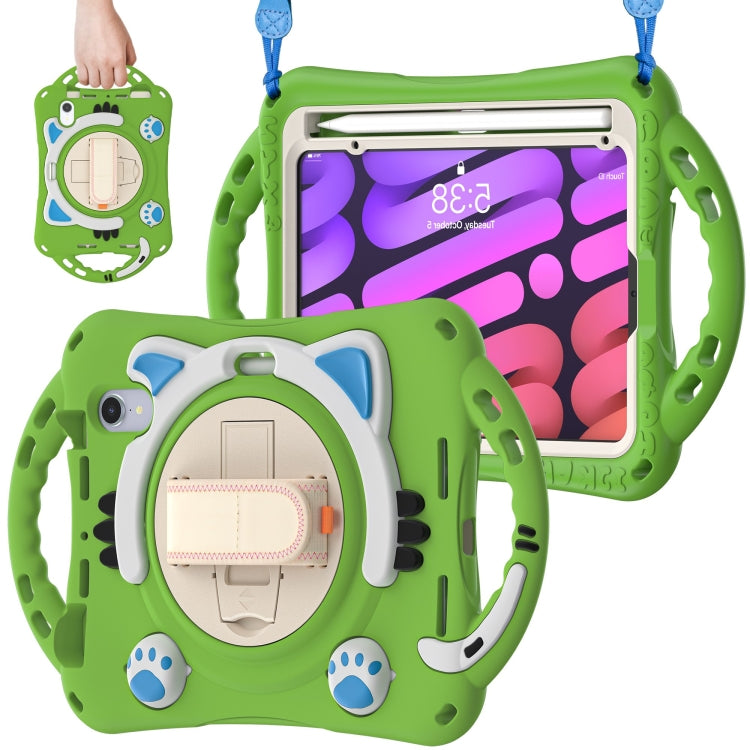 For iPad mini 6 / mini 2024 Cute Cat King Kids Shockproof Silicone Tablet Case with Holder & Shoulder Strap & Handle(Green) by bashfashion