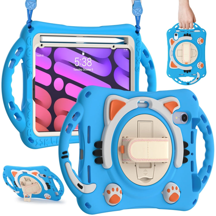 For iPad mini 6 / mini 2024 Cute Cat King Kids Shockproof Silicone Tablet Case with Holder & Shoulder Strap & Handle(Light Blue) by bashfashion