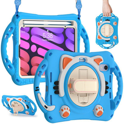 For iPad mini 6 / mini 2024 Cute Cat King Kids Shockproof Silicone Tablet Case with Holder & Shoulder Strap & Handle(Light Blue) by bashfashion