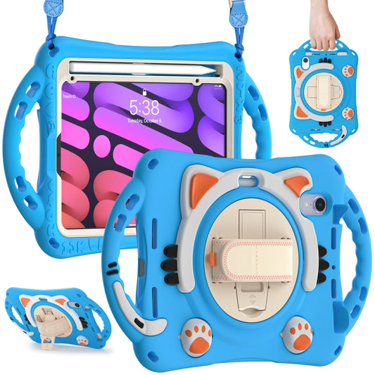 For iPad mini 6 / mini 2024 Cute Cat King Kids Shockproof Silicone Tablet Case with Holder & Shoulder Strap & Handle(Light Blue) by bashfashion