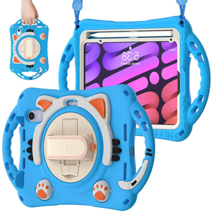 For iPad mini 6 / mini 2024 Cute Cat King Kids Shockproof Silicone Tablet Case with Holder & Shoulder Strap & Handle(Light Blue) by bashfashion