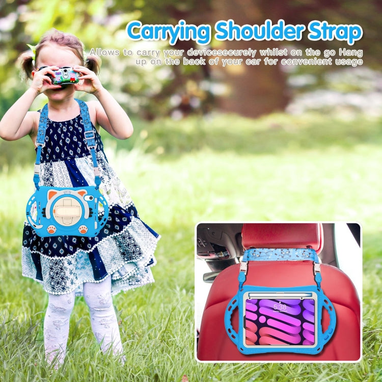 For iPad mini 6 / mini 2024 Cute Cat King Kids Shockproof Silicone Tablet Case with Holder & Shoulder Strap & Handle(Light Blue) by bashfashion