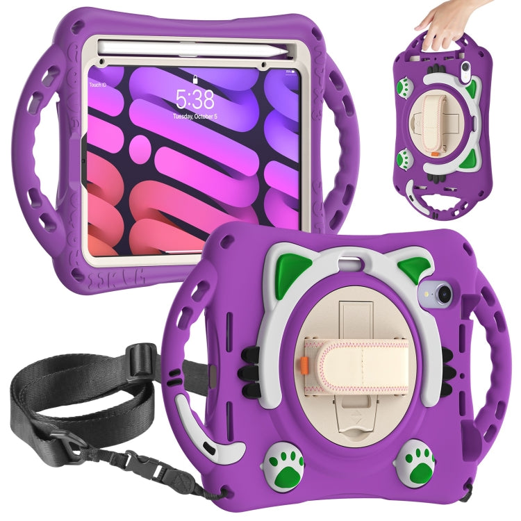 For iPad mini 6 / mini 2024 Cute Cat King Kids Shockproof Silicone Tablet Case with Holder & Shoulder Strap & Handle(Purple) by bashfashion