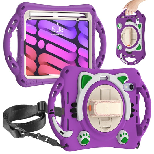 For iPad mini 6 / mini 2024 Cute Cat King Kids Shockproof Silicone Tablet Case with Holder & Shoulder Strap & Handle(Purple) by bashfashion