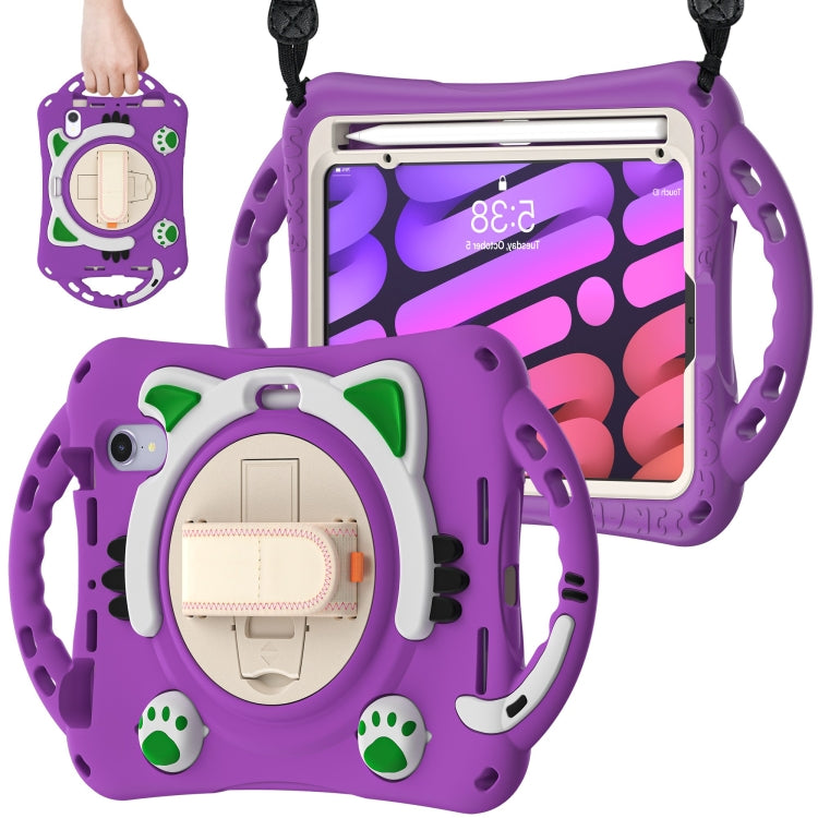 For iPad mini 6 / mini 2024 Cute Cat King Kids Shockproof Silicone Tablet Case with Holder & Shoulder Strap & Handle(Purple) by bashfashion