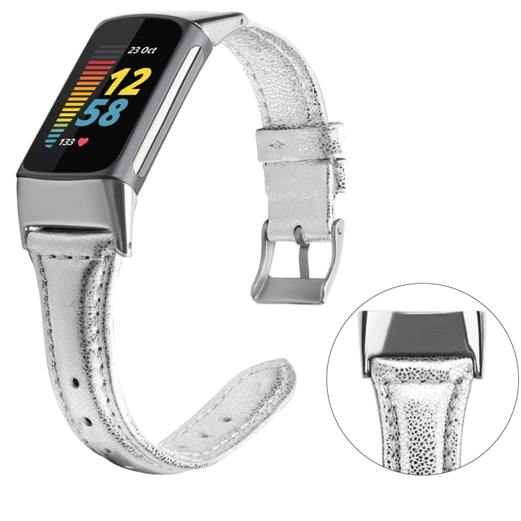For Fitbit Charge 5 FC5-18 Leather Strap Watch Band, Size:S(Silver) by bashfashion