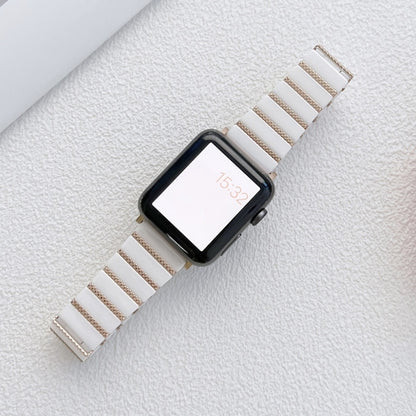 Ceramic One-bead Steel Strap Watch Band For Apple Watch Series 9&8&7 41mm / SE 3&SE 2&6&SE&5&4 40mm / 3&2&1 38mm(White Rose Gold) by bashfashion