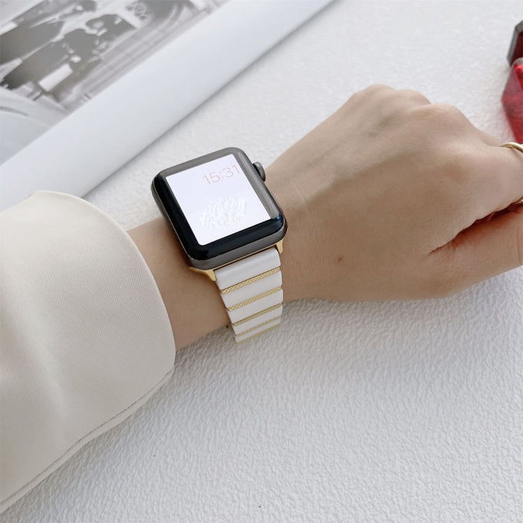 Ceramic One-bead Steel Strap Watch Band For Apple Watch Series 9&8&7 41mm / SE 3&SE 2&6&SE&5&4 40mm / 3&2&1 38mm(White Rose Gold) by bashfashion