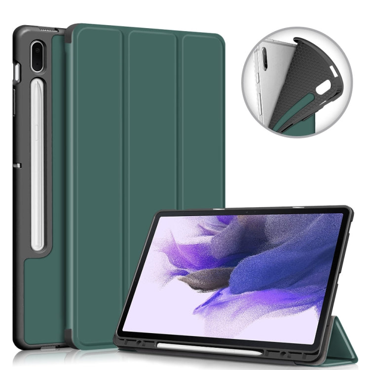 For Samsung Galaxy Tab S7 FE 12.4 Solid Color TPU Horizontal Flip Tablet Leather Case with 3-Fold Holder & Sleep / Wake-up Function(Dark Green) by bashfashion