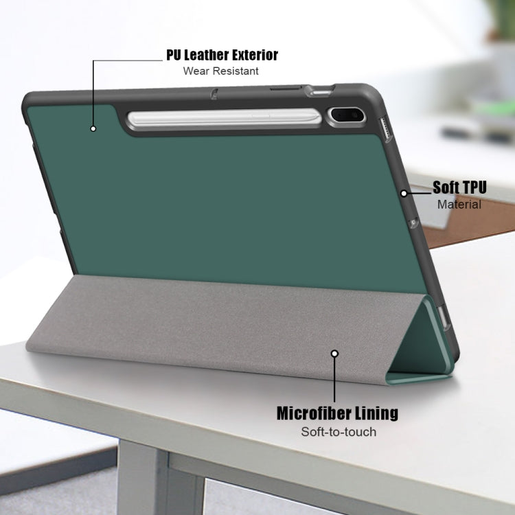 For Samsung Galaxy Tab S7 FE 12.4 Solid Color TPU Horizontal Flip Tablet Leather Case with 3-Fold Holder & Sleep / Wake-up Function(Dark Green) by bashfashion