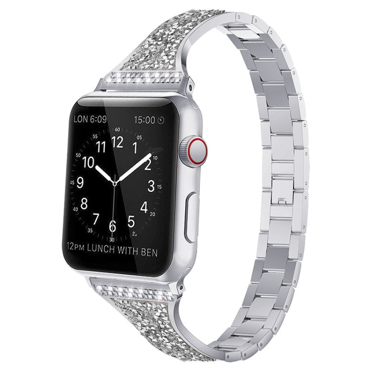 Diamond Encrusted Leather Strap Watch Band For Apple Watch Series 9&8&7 41mm / SE 3&SE 2&6&SE&5&4 40mm / 3&2&1 38mm(Silver) by bashfashion