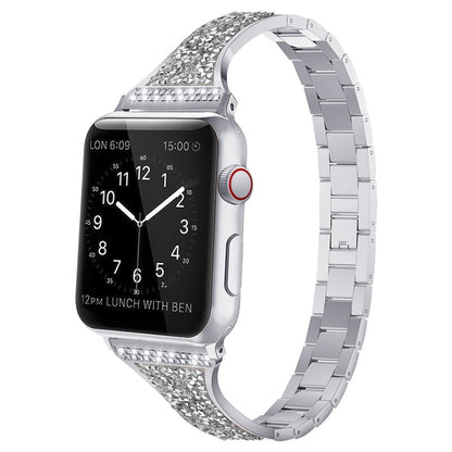 Diamond Encrusted Leather Strap Watch Band For Apple Watch Series 9&8&7 41mm / SE 3&SE 2&6&SE&5&4 40mm / 3&2&1 38mm(Silver) by bashfashion