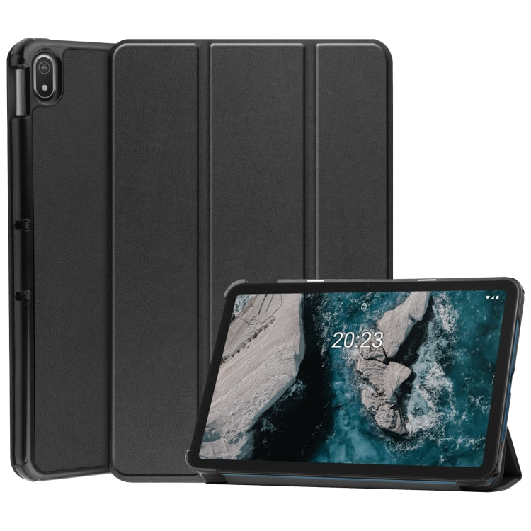 For Nokia T20 Three-folding Holder Custer Texture Leather Tablet Case(Black) by bashfashion