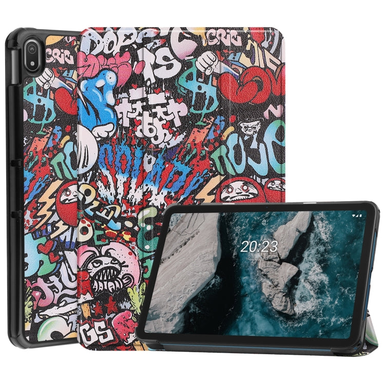 For Nokia T20 Painted Leather Tablet Case with 3-Fold Holder(Graffiti) by bashfashion