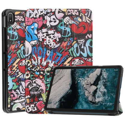 For Nokia T20 Painted Leather Tablet Case with 3-Fold Holder(Graffiti) by bashfashion