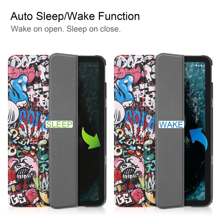 For Nokia T20 Painted Leather Tablet Case with 3-Fold Holder(Graffiti) by bashfashion