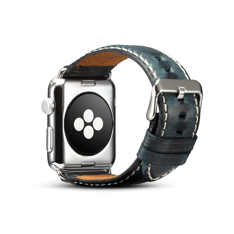 For Apple Watch Series 7 45mm / 6 & SE & 5 & 4 44mm / 3 & 2 & 1 42mm Oil Wax Retro Cowhide Strap Watch Band(Blue) by bashfashion