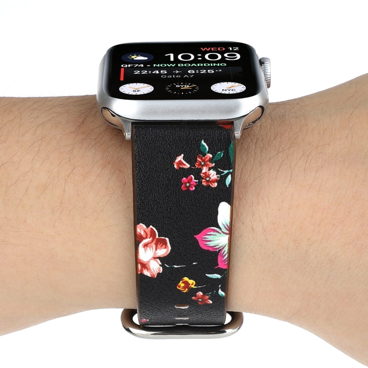 For Apple Watch Series 7 45mm / 6 & SE & 5 & 4 44mm / 3 & 2 & 1 42mm Floral Strap Watch Band(Black Red) by bashfashion