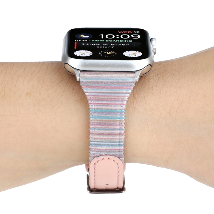 For Apple Watch Series 9&8&7 41mm / SE 3&SE 2&6&SE&5&4 40mm / 3&2&1 38mm Stitching Stripes Genuine Leather Watch Band Watch Band(Pink) by bashfashion