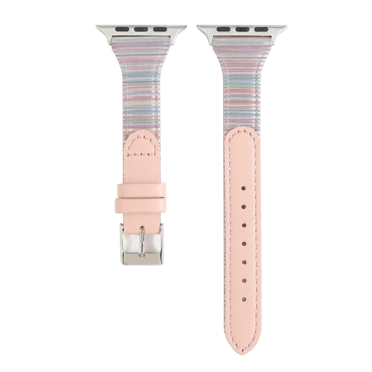 For Apple Watch Series 9&8&7 41mm / SE 3&SE 2&6&SE&5&4 40mm / 3&2&1 38mm Stitching Stripes Genuine Leather Watch Band Watch Band(Pink) by bashfashion