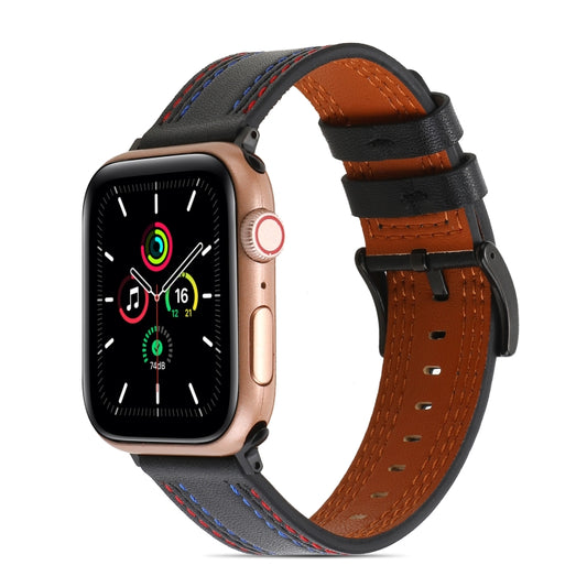 Sewing Matte Leather Watch Band for Apple Watch Series 9&8&7 41mm / SE 3&SE 2&6&SE&5&4 40mm / 3&2&1 38mm(Black) by bashfashion